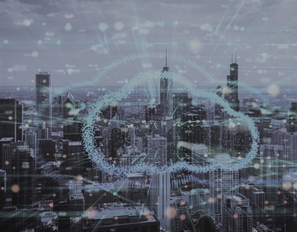 Cloud icon superimposed on busy city, dark