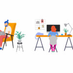 illustration employees working diverse locations remote working office home
