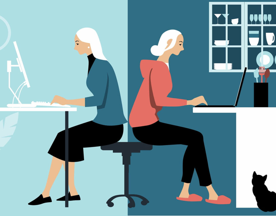 illustration woman working in office working remotely teal blue
