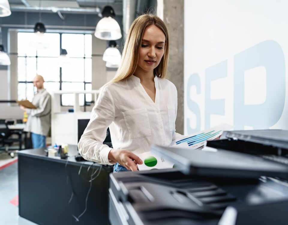 Woman uses printer in office