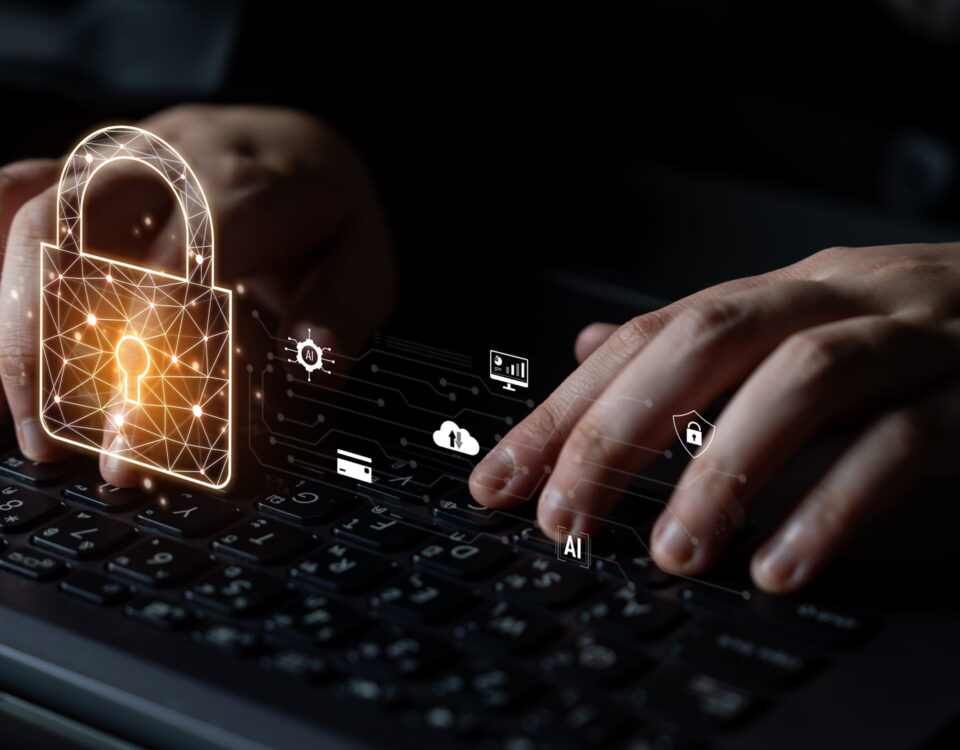 Grafik: Tastatur mit digitalem Schloss zum Thema Cybersicherheit